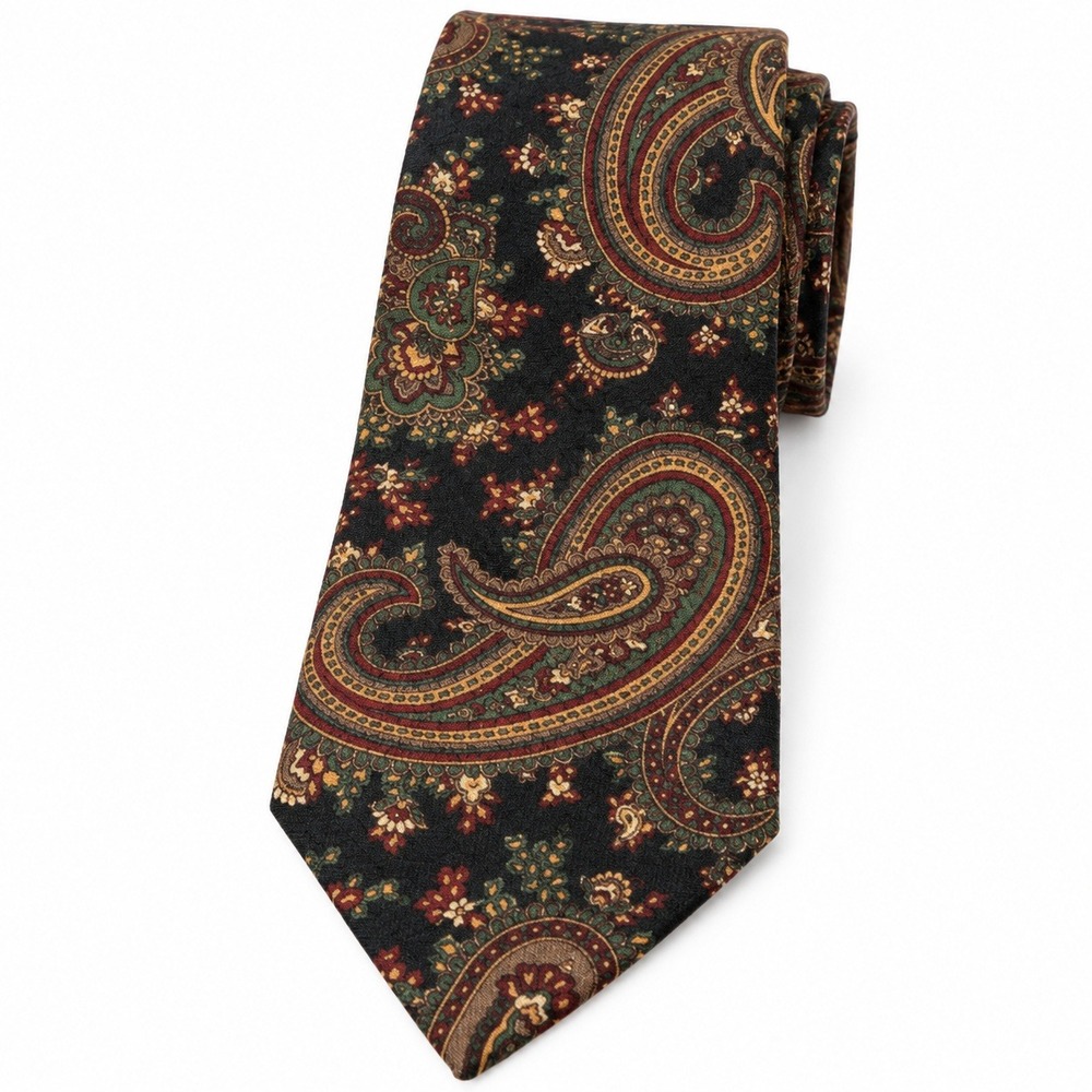 VTG Robert Talbott Mark Shale Silk Tie Black Paisley Burgundy Green Vintage USA